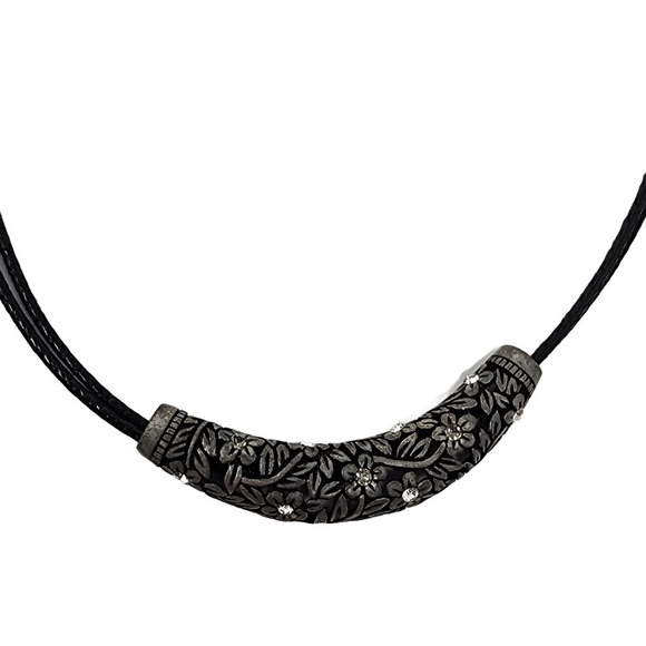 Lia Sophia- Black Rope Necklace -Antiqued Silver, Flower and Crystals (16" -19") - Picture 7 of 8